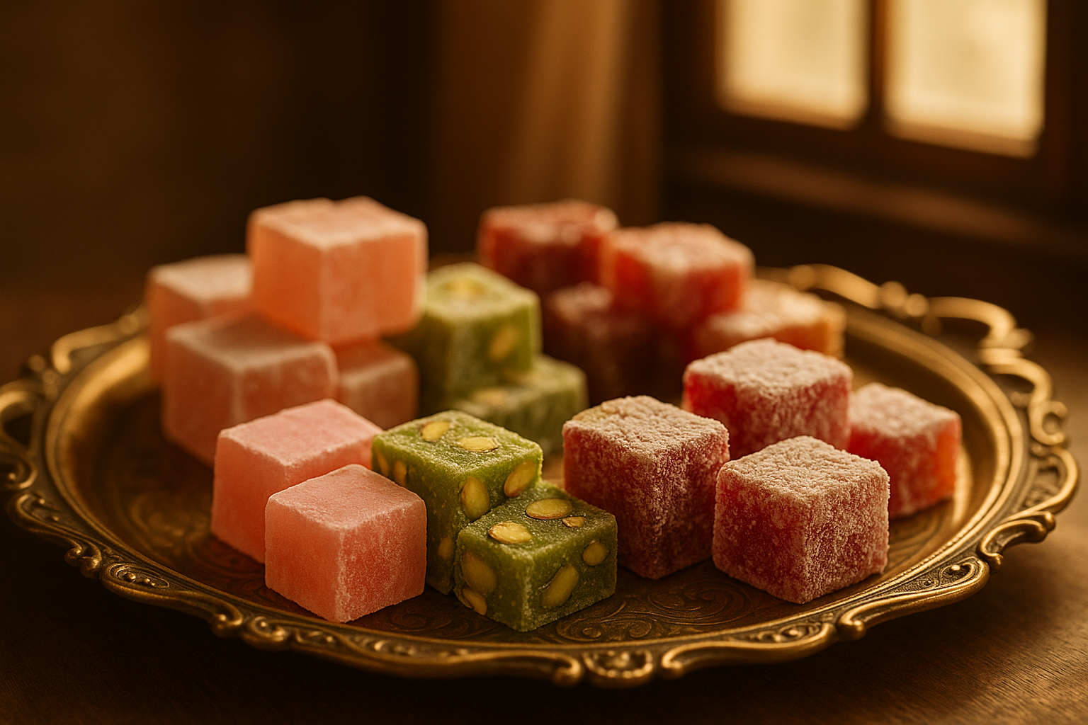 Taze Türk lokumu çeşitleri zarif sunumda